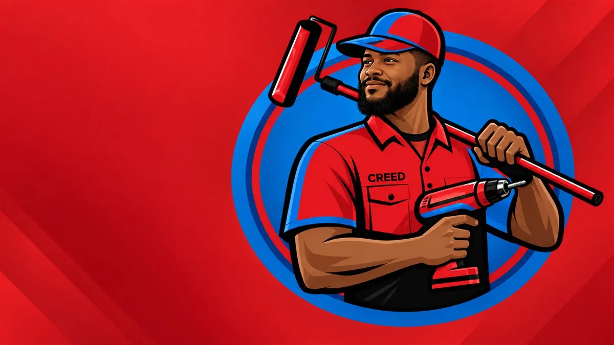 Creed Handyman mascot with a paint roller and drill